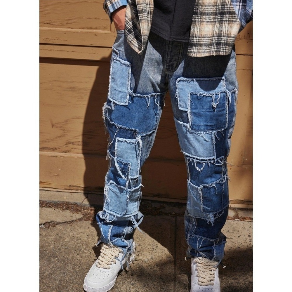 boohooMAN Mens Patchwork Distressed Denim Jeans Blue 32S Streetwear Raw Edge